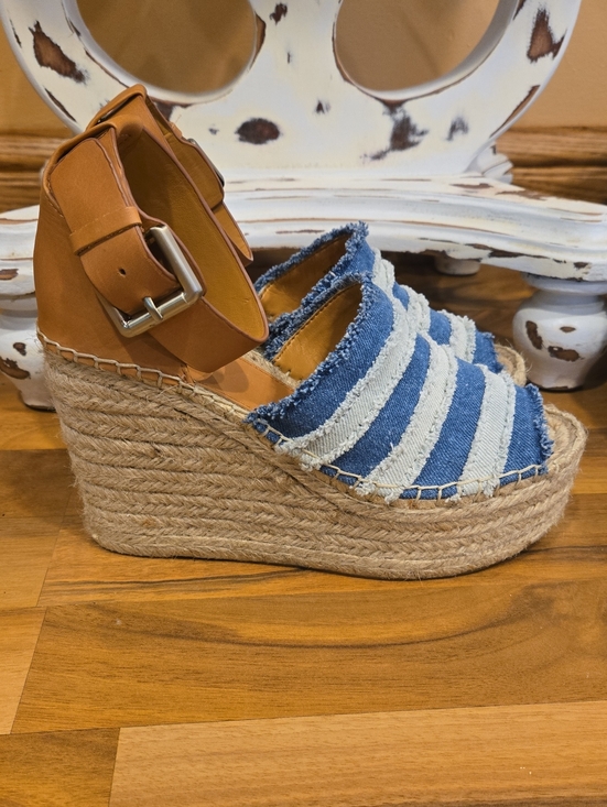 Marc Fisher Shoes - Marc Fisher Platform Espadrille Denim Wedge Sandals - Blue Stripe